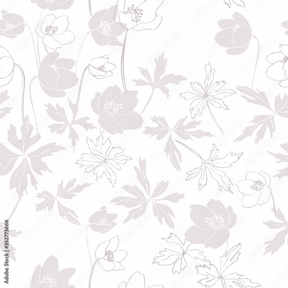 Seamless pattern with pale flowers anemones and leaves on a white background. Flat vector image.