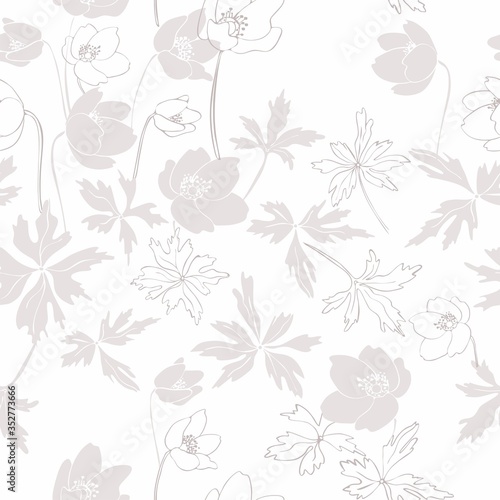 Seamless pattern with pale flowers anemones and leaves on a white background. Flat vector image.