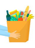 Vector illustration of food package delivery. Online shopping service. Foodstuffs delivered by courier home. Shopping at the store and supermarket.
