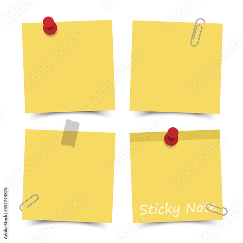Flat design yellow color sticky notes with red pin , adhesive tape and paper clip on white board background . Vector .