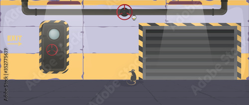 Vector illustration of a bunker. Bomb shelter in cartoon style. Hopper door. Door for a military bomb shelter. Concrete walls.