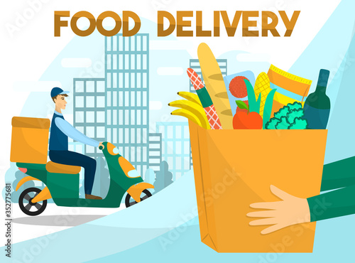 Food delivery vector illustration. Driver on the scooter or motorcycle with packages. Online shopping service at the store and supermarket. Foodstuffs delivered by courier home.