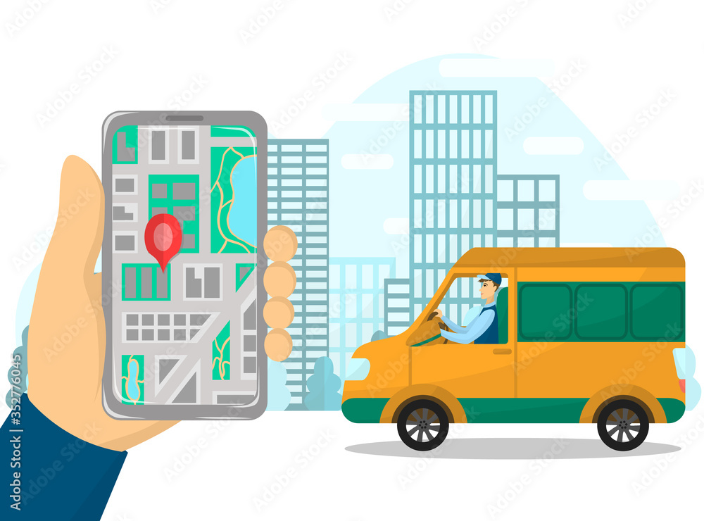 City map vector image. Food delivery driver on a truck or van. Phone in hands with destination pin. Town on the background. Online shopping. Illustration of navigation and gps on screen.