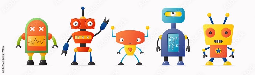 Set of cute vector robot characters for kids. Five funny vintage style robotics Set of cute vector robot characters for kids. Five funny vintage style robotics