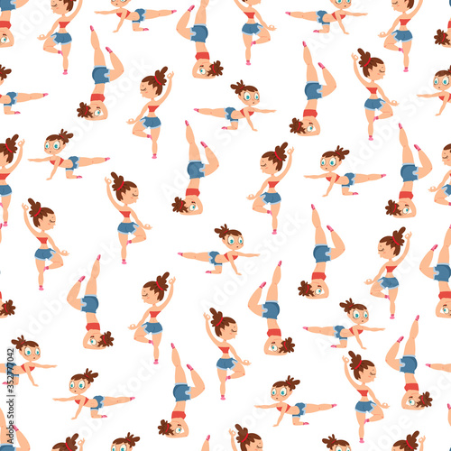 Yoga woman vector seamless pattern on a white background for wallpaper, wrapping, packing, and backdrop.