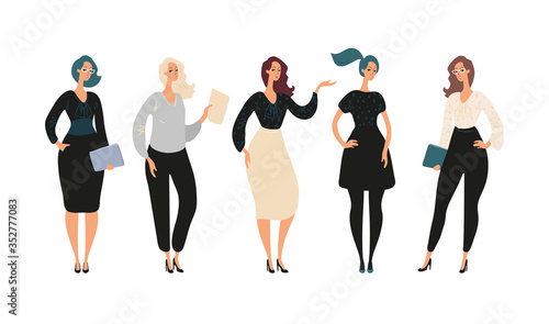 Set of cute female characters in a flat design. Full-length women in business clothes with papers and a laptop. Business woman, teacher, secretary, student. Stock vector illustration isolated on white