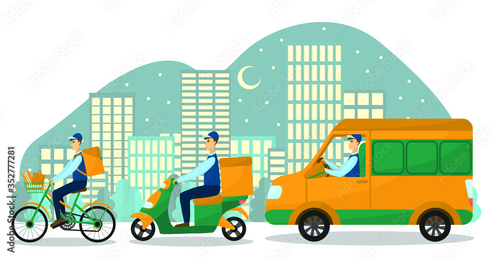 Vector illustration of the delivery at night. Vehicle with a driver and city on the background. Bike, scooter and van. Bicycle, motorcycle and truck. Online shopping and ordering.