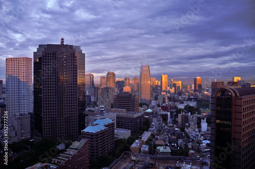 Aerial view of Tokyo cityscape at blue hour, at dusk. Birds eye view of Tokyo, Japan