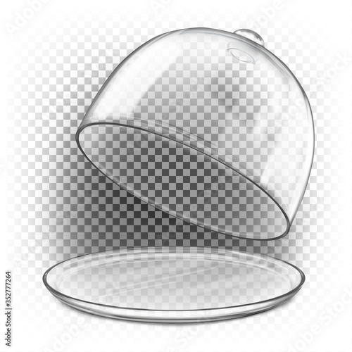 Empty packaging, cover, can, dome, sphere. Open glass dome with a glass plate. Vector dome to protect the exhibit. Vector 3d illustration isolated on transparent background.