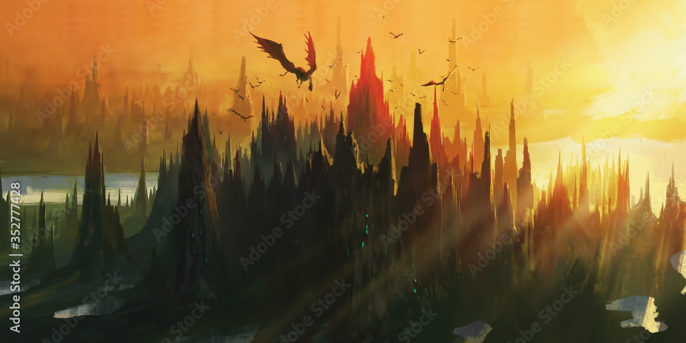 Fototapeta premium The lair of the dragon by the river valley, digital painting.