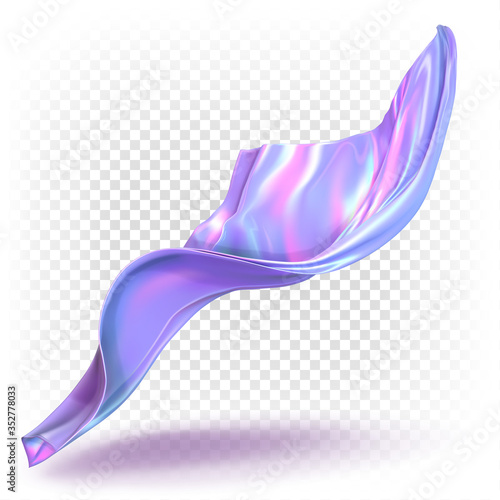 Shiny iridescent multi-colored fabric flying in the air. Vector 3d illustration of a dynamic evolving drapery. Beautiful decor for product presentation.