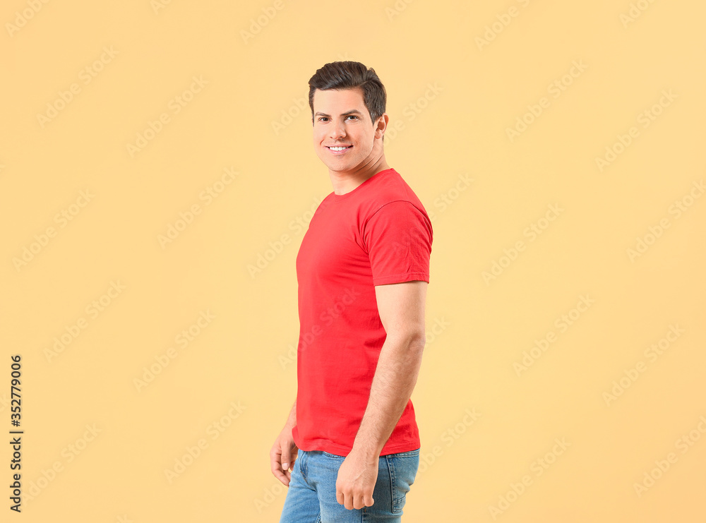 Man in stylish t-shirt on color background Man in stylish t-shirt on color background