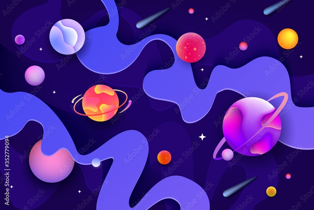 Fluid neon space banner with colorful cartoon planets and liquid shapes