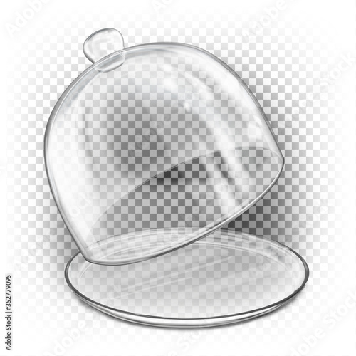 Transparent shiny glass lid raised above the plate. Empty packaging, cover, container, dome, sphere. Round tray with lid with handle. Vector 3d illustration isolated on transparent.