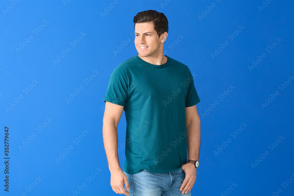 Man in stylish t-shirt on color background Man in stylish t-shirt on color background