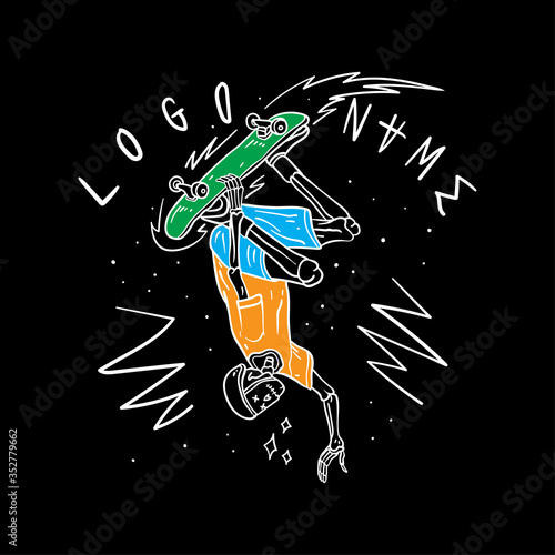 hand drawing style of skull riding skateboard