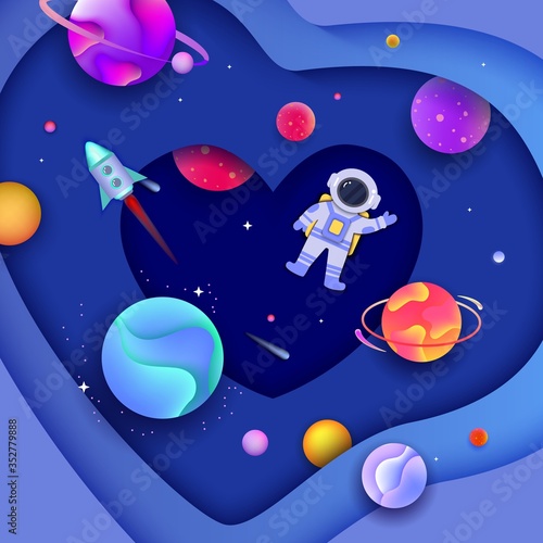 Background  template for banner with cut out of paper astronaut or spaceman  spaceship and space.