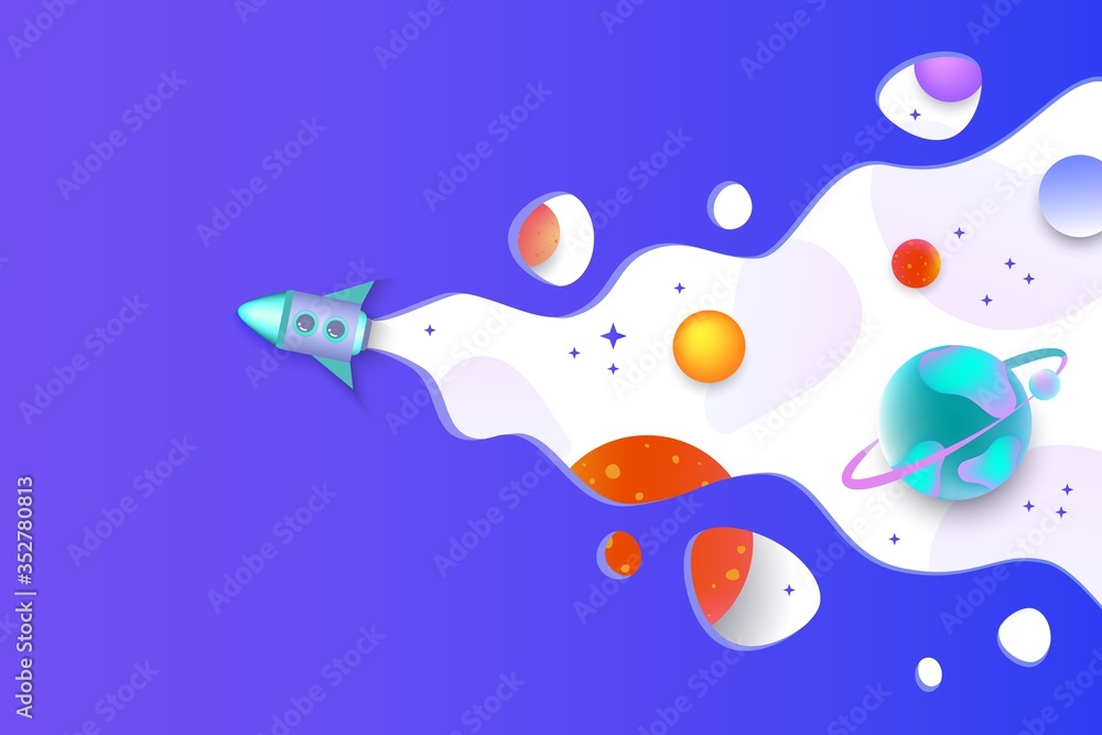 Space astronomic banner with fluing rocket flat vector illustration background.