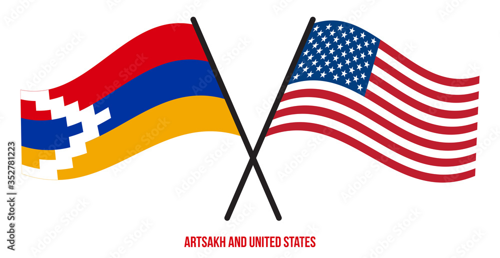 Artsakh and United States Flags Crossed And Waving Flat Style. Official Proportion. Correct Colors