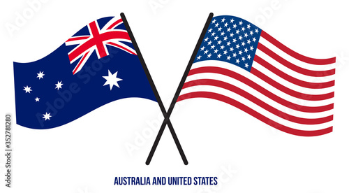 Australia and United States Flags Crossed And Waving Flat Style. Official Proportion. Correct Colors