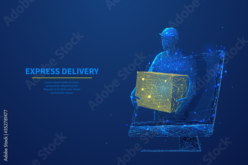 Delivery man with box in his hands on computer screen. Abstract low poly courier and monitor in dark blue. Express delivery, online shopping, order tracking or delivery app concept with lines and dots