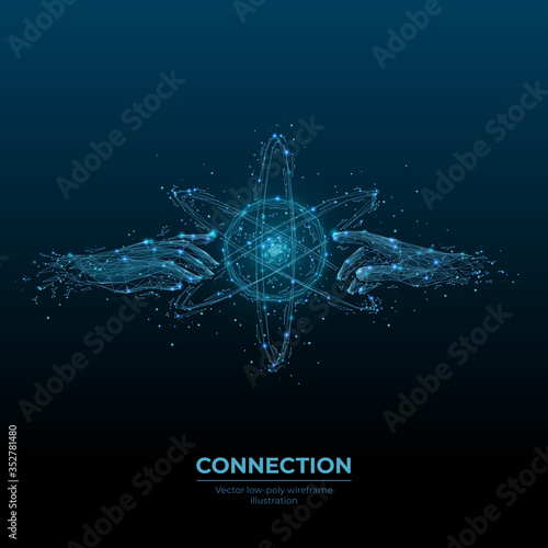 3d image of hands touching abstract technology circles with global connection lines. Vector connection, data exchange technology concept isolated in dark blue. Digital polygonal mesh 
