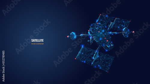 Fototapeta Naklejka Na Ścianę i Meble -  Abstract 3d communications satellite isolated in dark blue. Wireless satellite technology, mobile communication, internet, TV and radio concept. Polygonal vector space image with lines, dots and stars