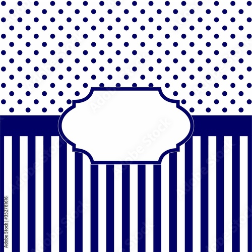 polka dot and stripes background with ribbon as invitation card in navy