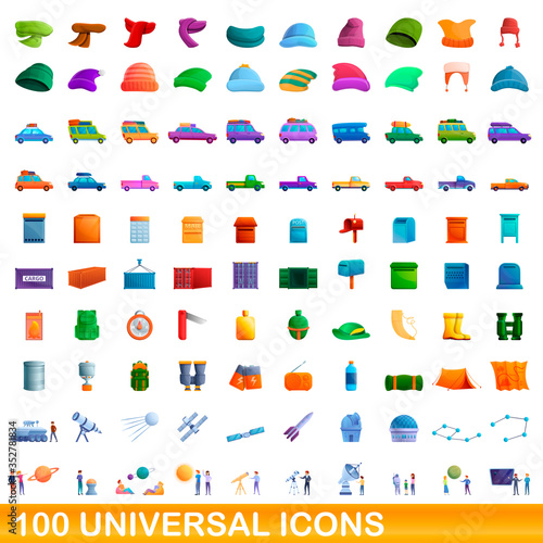 100 universal icons set. Cartoon illustration of 100 universal icons vector set isolated on white background