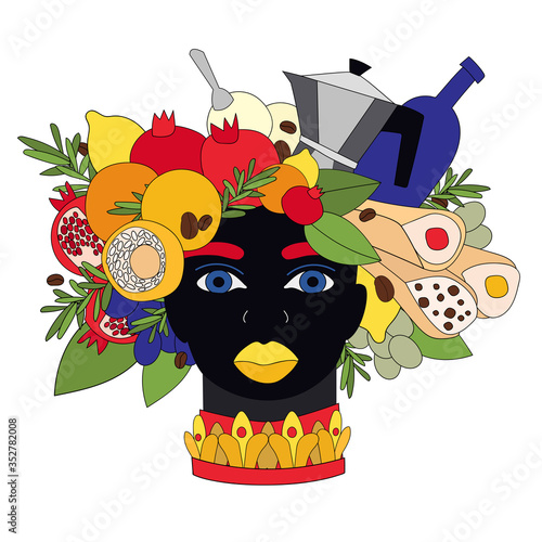 Sicilian vase with moor head, arancini, cannolo, coffee, lemons and cacti. Sicily style. Vector illustration of sicilian symbol, souvenir. Postcard, print design photo