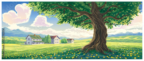 Summer rural landscape with houses and an old tree in the foreground