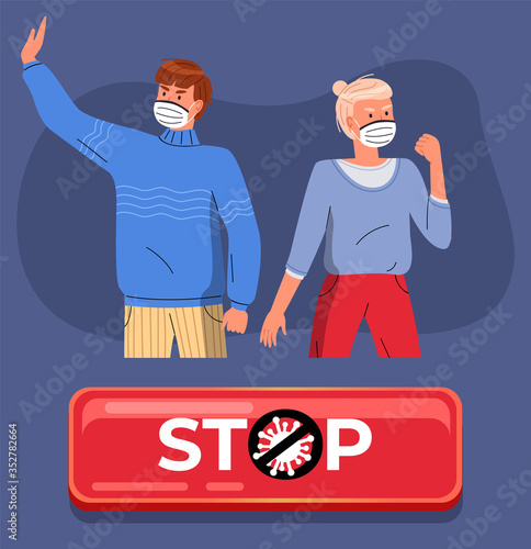 Young girl with guy wearing respiratory medical masks at blue background. Red button with text information at banner. Crossed out sign. Stop spreading virus infection. Cartoon characters in flat style