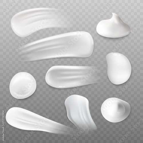 WebSet of white cream blob and smudge samples. Liquid beauty product texture in many shapes,
