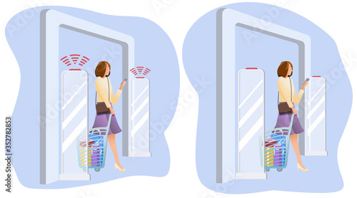 Woman goes through anti-theft sensor gates. System reports theft. Security system detect barcode and notify. Vector, illustration. No signal from gates - no stolen items.