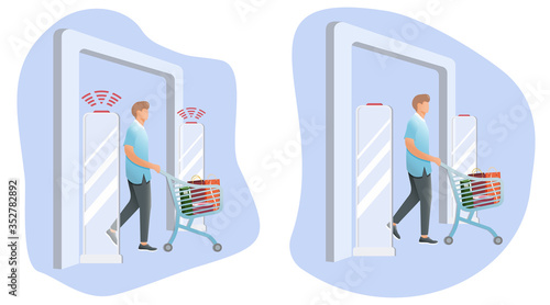 Man goes through anti-theft sensor gates. System reports theft. Security system detect barcode and notify. Vector, illustration. No signal from gates - no stolen items.