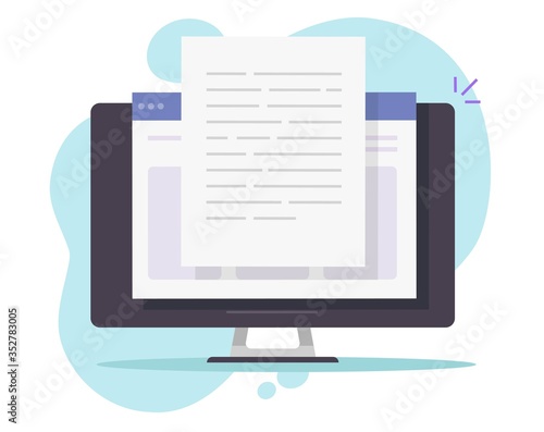 Writing text document content online vector on desktop computer or creating essay or book on pc flat cartoon illustration, copywriting or web text file editing concept, reading blog article idea