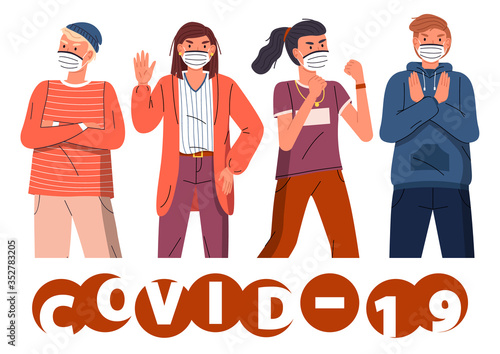 Guys and girls wearing face protective medical masks protesting to stop world epidemic. Group of people call to stop spreading coronavirus. Concept of covid19. Vector banner in flat style with text