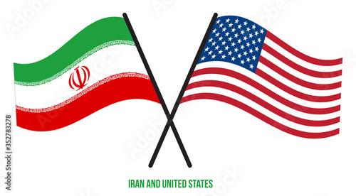 Iran and United States Flags Crossed And Waving Flat Style. Official Proportion. Correct Colors