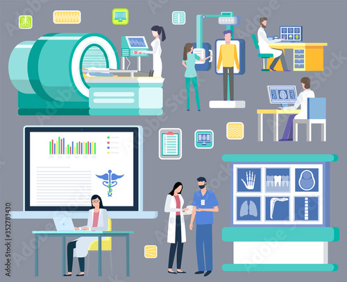 Diagnostics of diseases vector, isolated set of characters. Doctors with nurses, computed tomography and magnetic resonance imaging, roentgen x ray