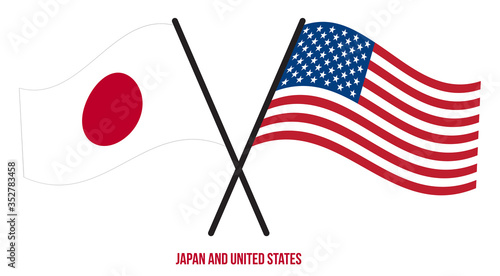 Japan and United States Flags Crossed And Waving Flat Style. Official Proportion. Correct Colors