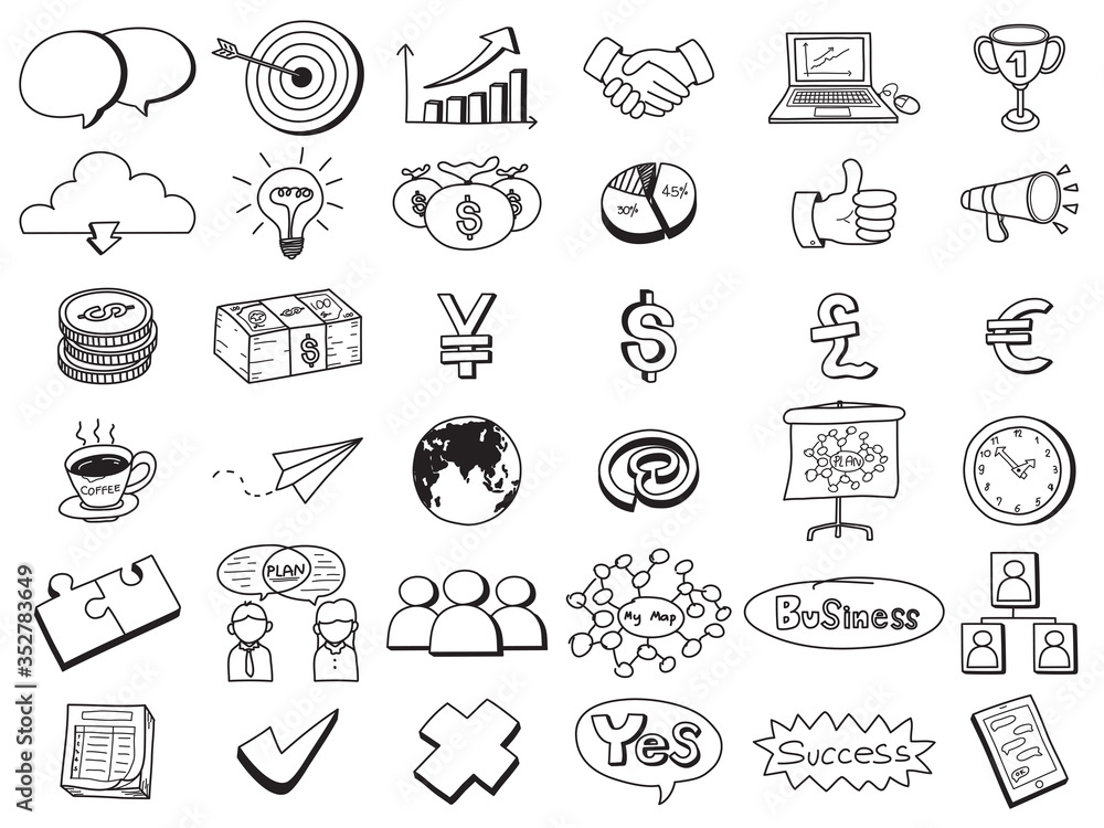 vector icons business doodle set isolated on white background. Freehand style.