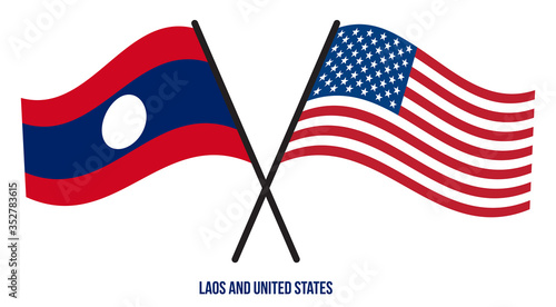 Laos and United States Flags Crossed And Waving Flat Style. Official Proportion. Correct Colors