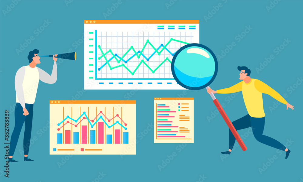 Data analysis, teamwork researching with loupe, men and graph report. Workers cooperation with lens, growth chart on board, development sign vector Data analysis, teamwork researching with loupe, men and graph report. Workers cooperation with lens, growth chart on board, development sign vector