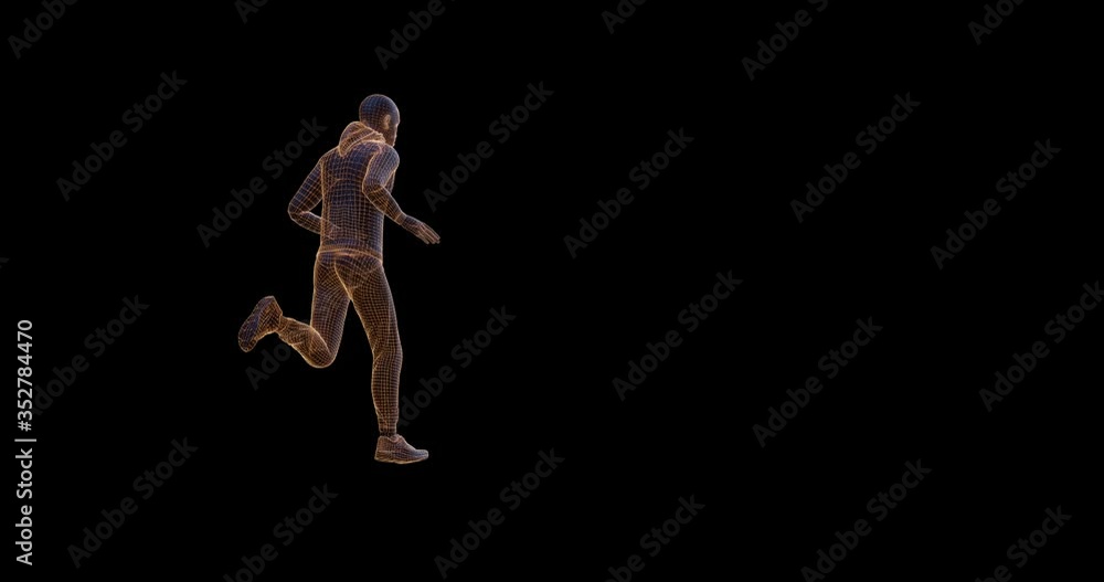 A man running against a black background with copy space. Back view. 4K 3D render with alpha matte channel included A man running against a black background with copy space. Back view. 4K 3D render with alpha matte channel included