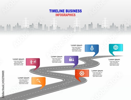 Wallpaper Mural Vector template infographic Timeline of business operations with flags and placeholders on curved roads. Symbols, steps for successful business planning Suitable for advertising and presentations. Torontodigital.ca