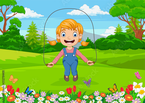 Cartoon little girl playing jump rope in the park