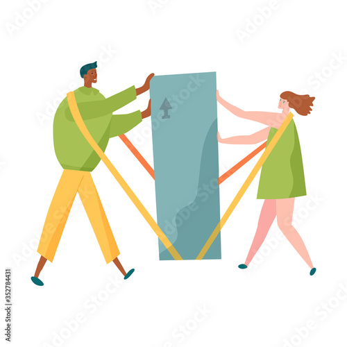 Two workers lifting heavy box with shoulder moving straps.