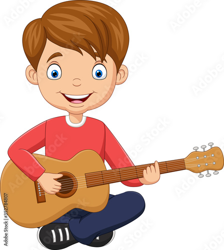 Cartoon happy boy playing guitar