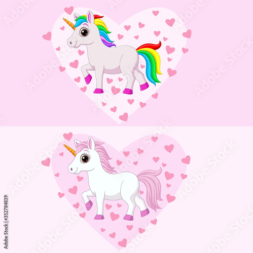 Cute pink and white unicorns with various colors manes and tails