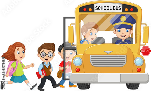 Cartoon happy children boarding a school bus